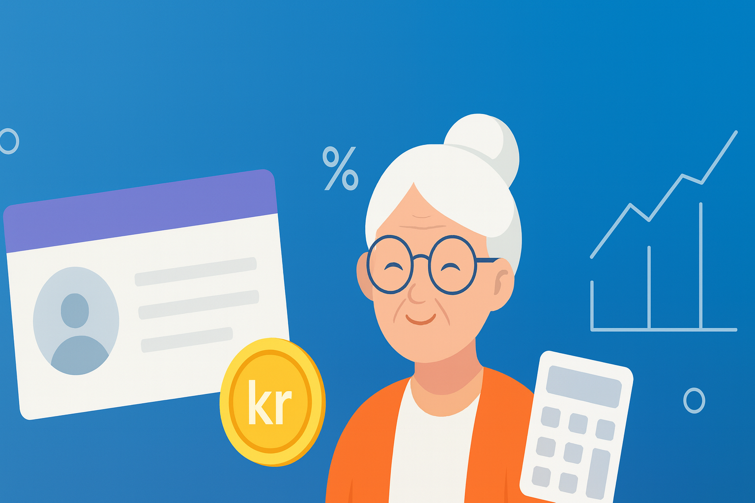 Ældre kvinde i en gradient baggrund, der lærer om pension.