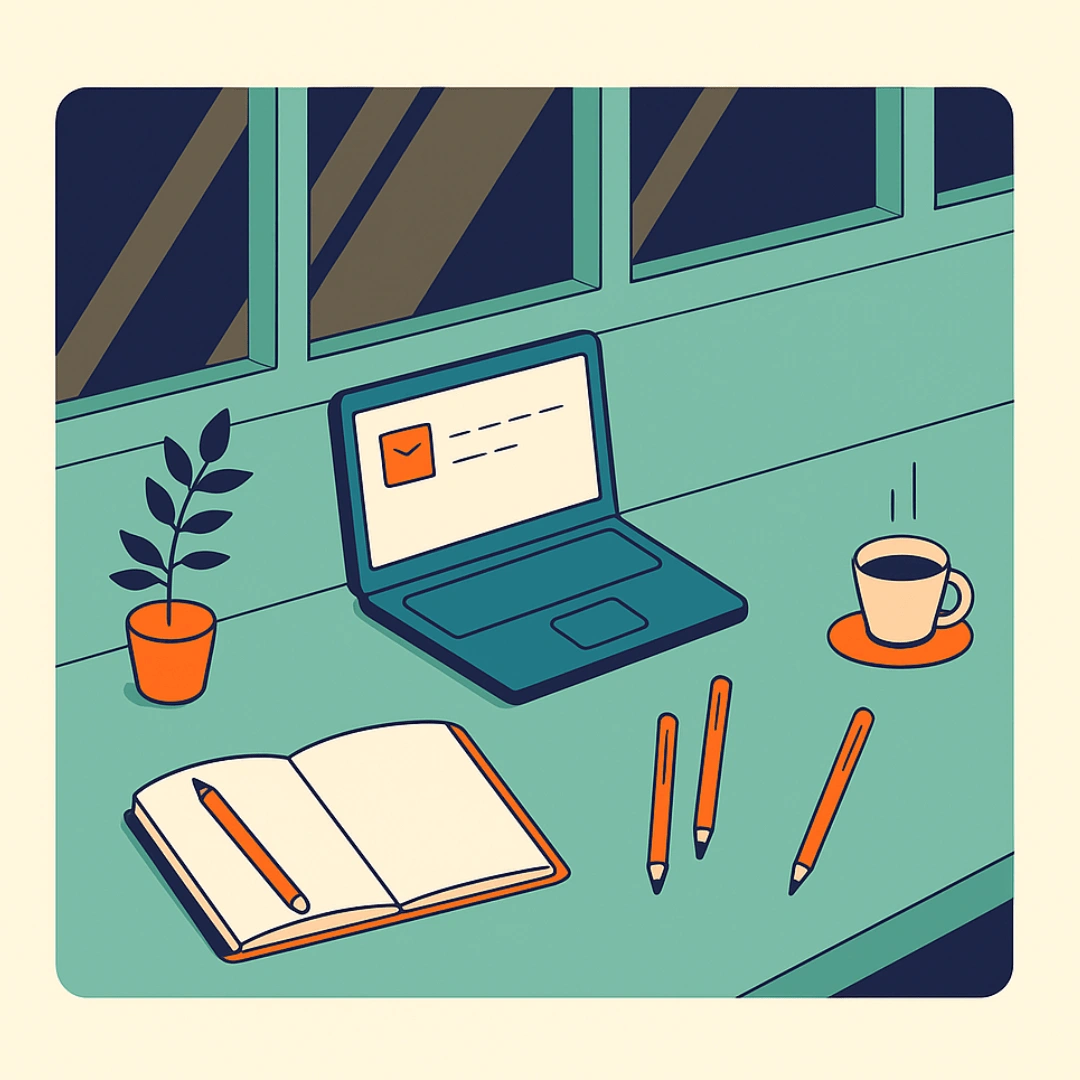 Budgetskema i Excel – illustration af computer, notesbog og kaffe.
