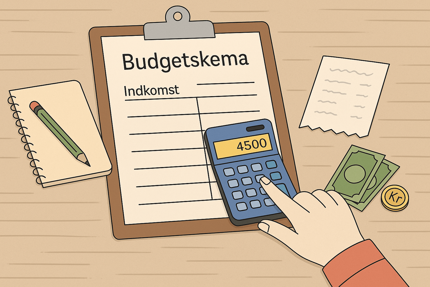illustration af budgetskema på bord med kuglepen og kvittering