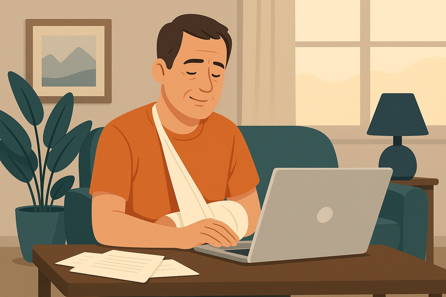 ezgif.com-jpg-to-webp-converter (7) Digital illustration af en midaldrende mand på omkring 40 år, der sidder i sin stue foran en computer med papirer på bordet. Han arbejder trods en skadet arm, som er i bandage.