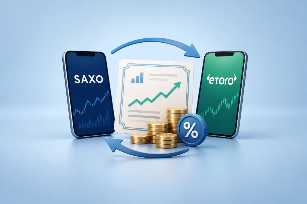 Aktieudlån hos Saxo og eToro Aktieudlån: Saxo og eToro med mønter og procentsymbol