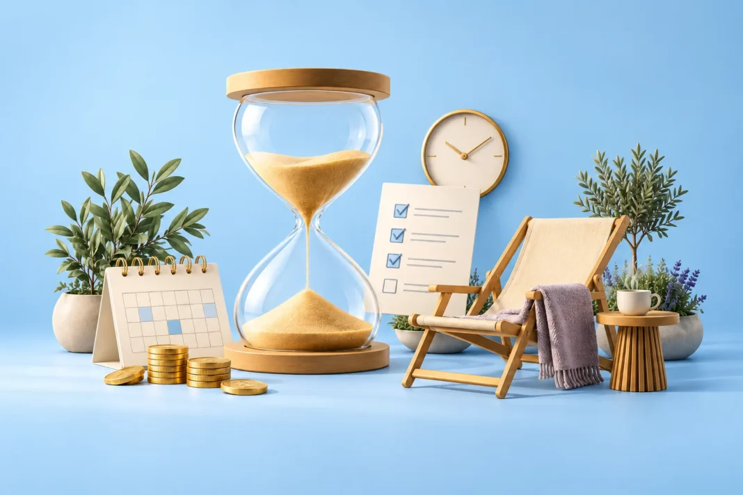 Timeglas, kalender, mønter og en liggestol som symbol på efterløn og tiden før pension