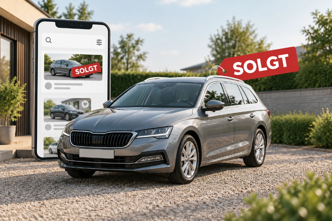 Gæld i bil: Brugt grå stationcar med Solgt-skilt og bilannoncer på en mobil