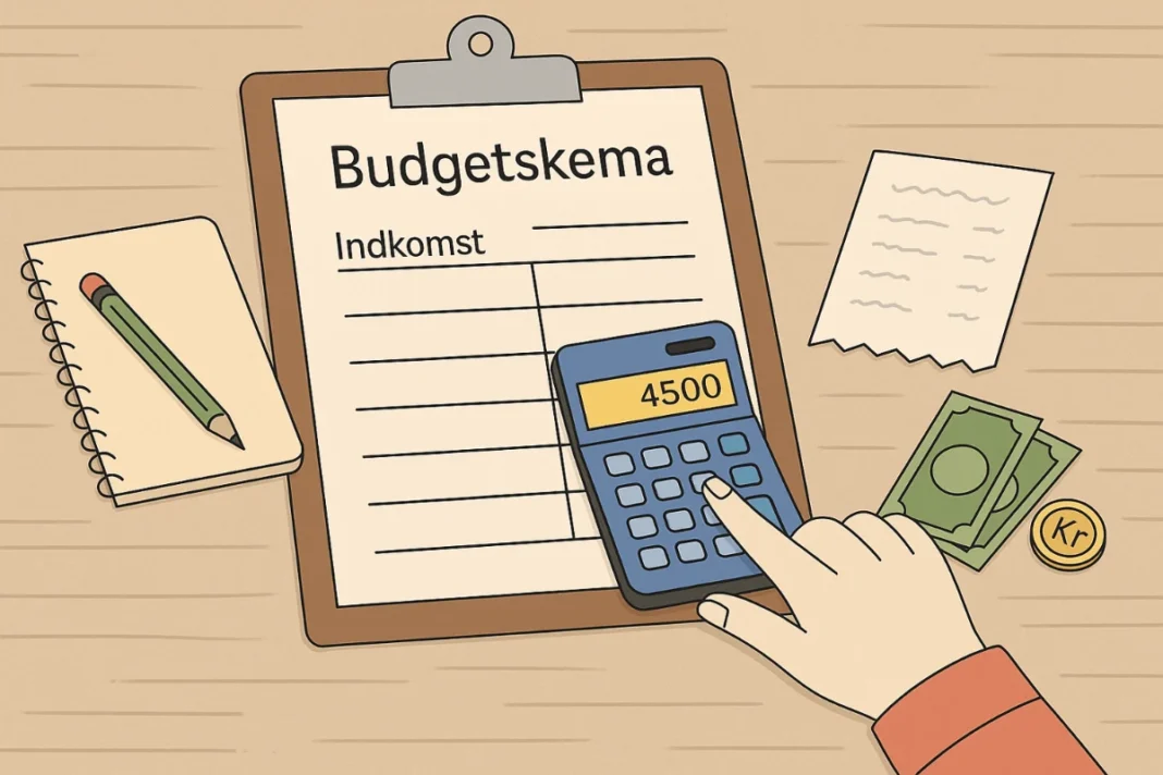 Skabelon-til-Budget illustration af budgetskema på bord med kuglepen og kvittering