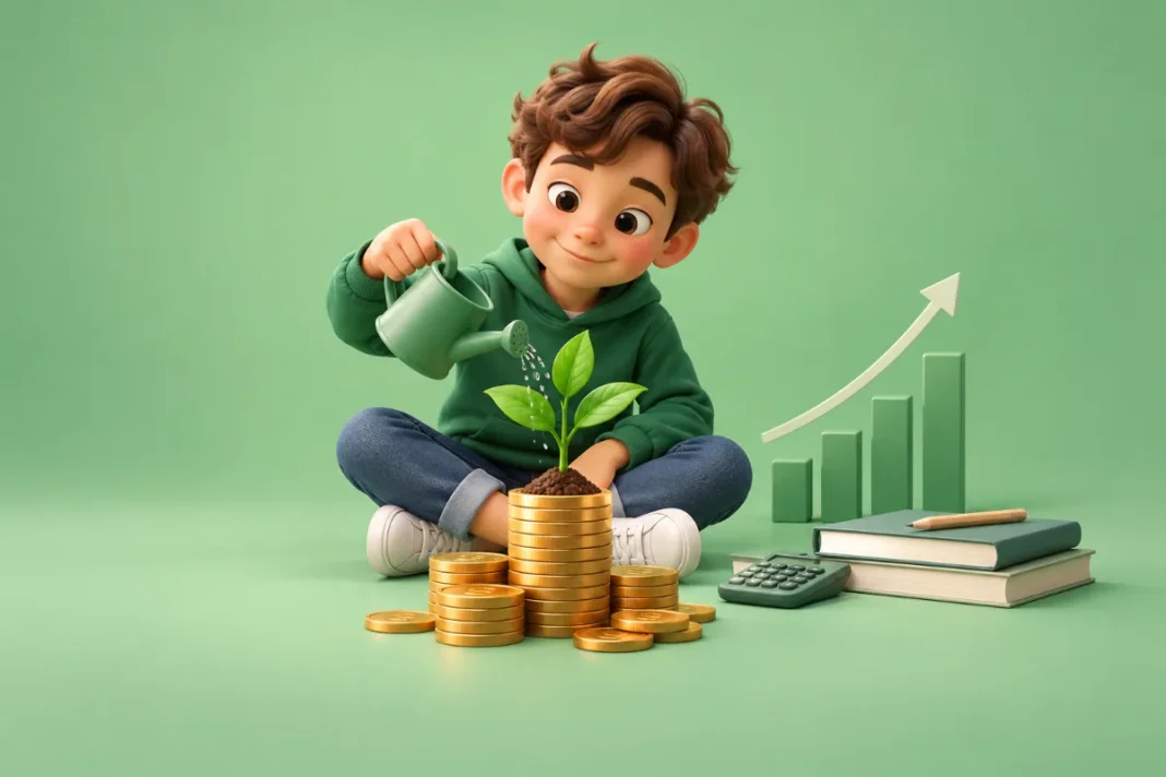 Investering for børn Dreng vander en lille plante, der vokser op af en stak mønter, som symbol på investering for børn
