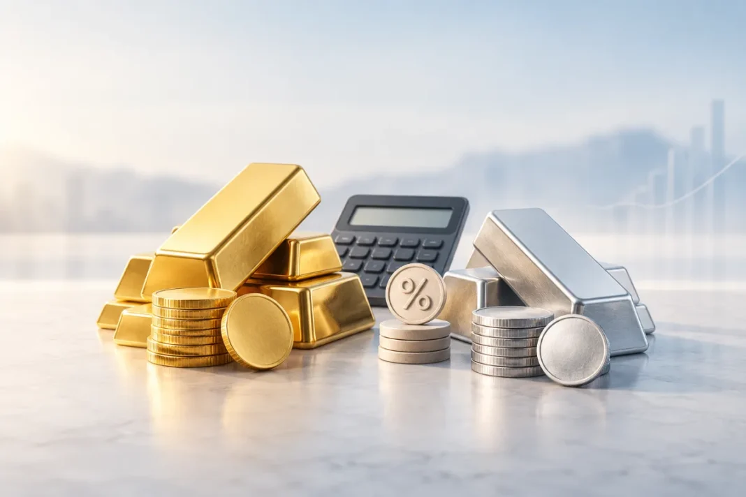 Guldbarrer, sølvbarrer og mønter ved siden af en lommeregner, som symbol på investering i guld og sølv