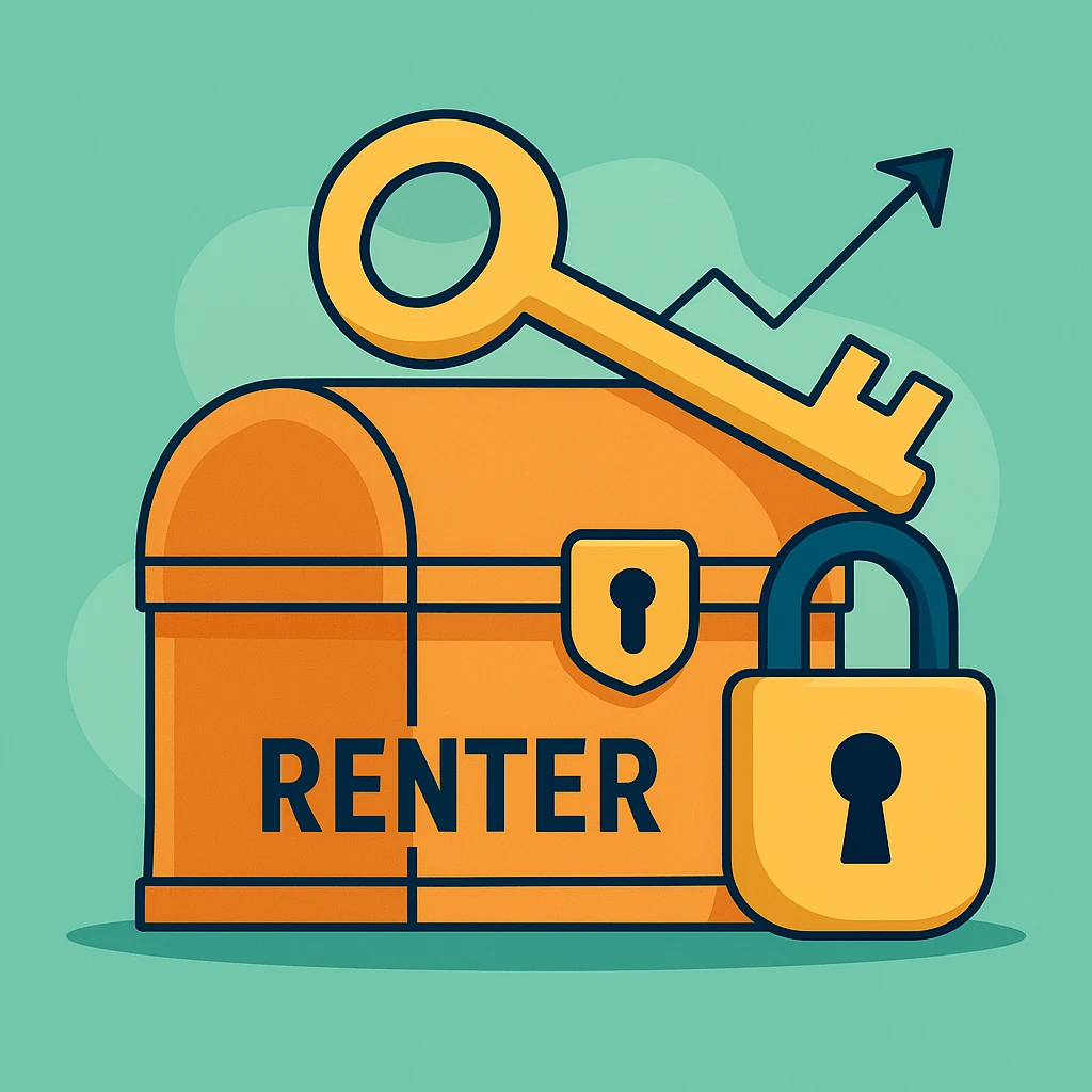 ChatGPT Image 23. sep. 2025, 20.49.49 Illustration af skattekiste med lås og nøgle, der symboliserer renters rente som nøglen til opsparing og formueforøgelse.