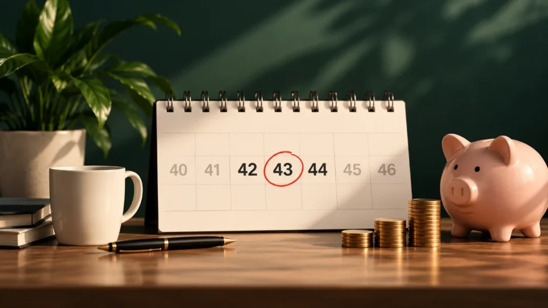 Kalender, der fremhæver 42, 43 og 44 år på arbejdsmarkedet, som er kravene for at gå på tidlig pension